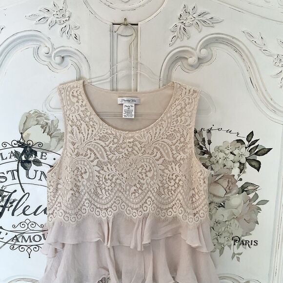 Paisley Grace Top Tunic Women's M Beige Brown Ruffled Sleeveless BoHo - Picture 4 of 6